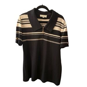 St John Collection Black & Cream Zippered Knit Polo Sweater Size Large